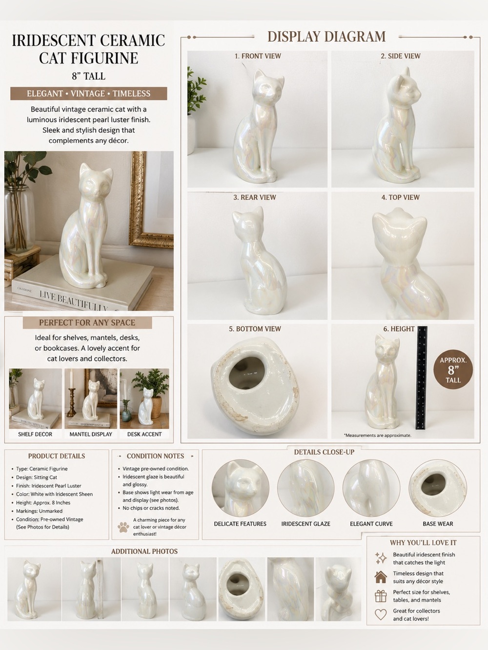 VTG Iridescent Ceramic Cat Figurine Pearl Luster White Sitting Kitty Statue 8"